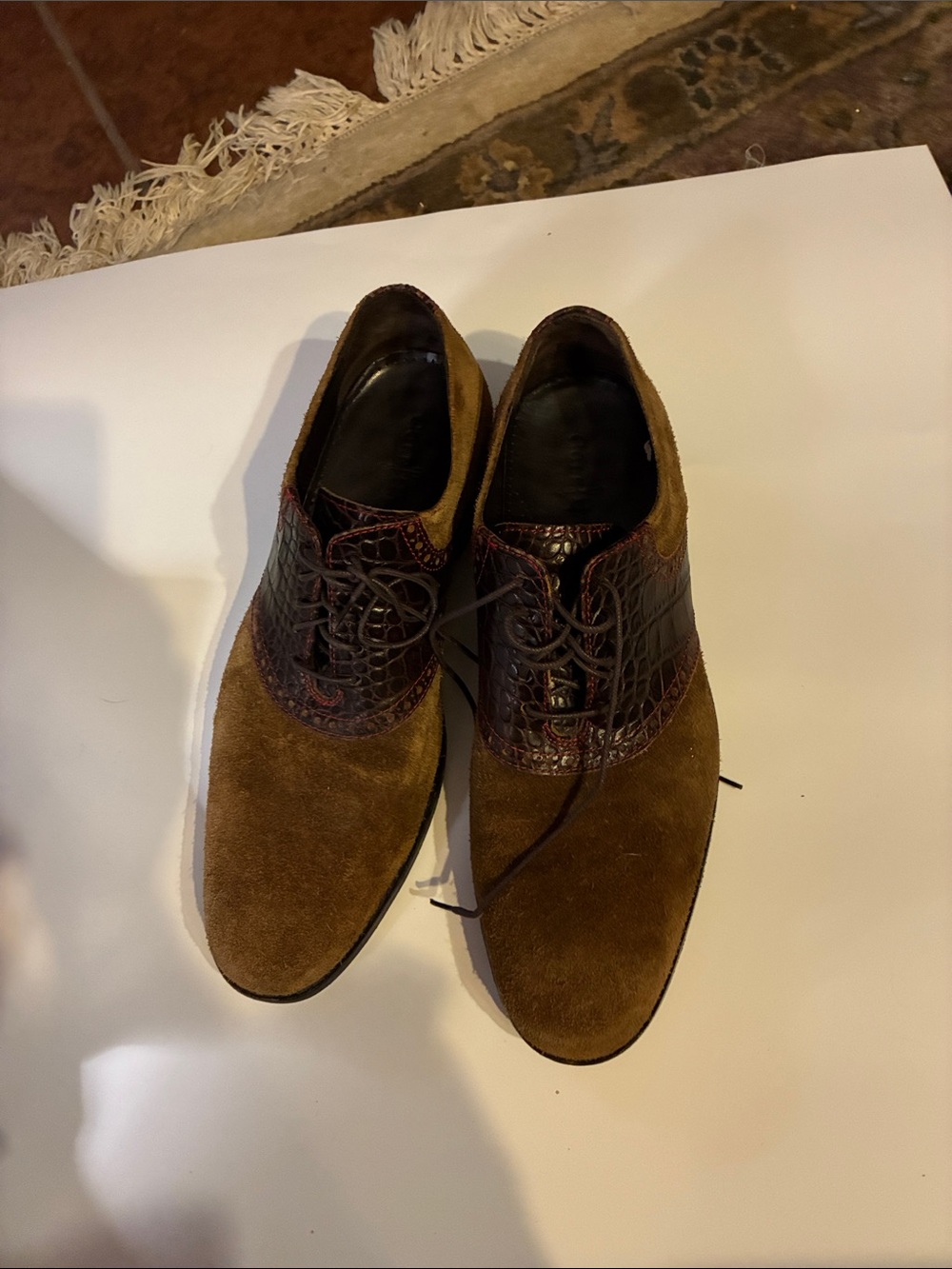 Cole Haan Brown Suede Oxfords with Dark Croc-Embossed  size 11